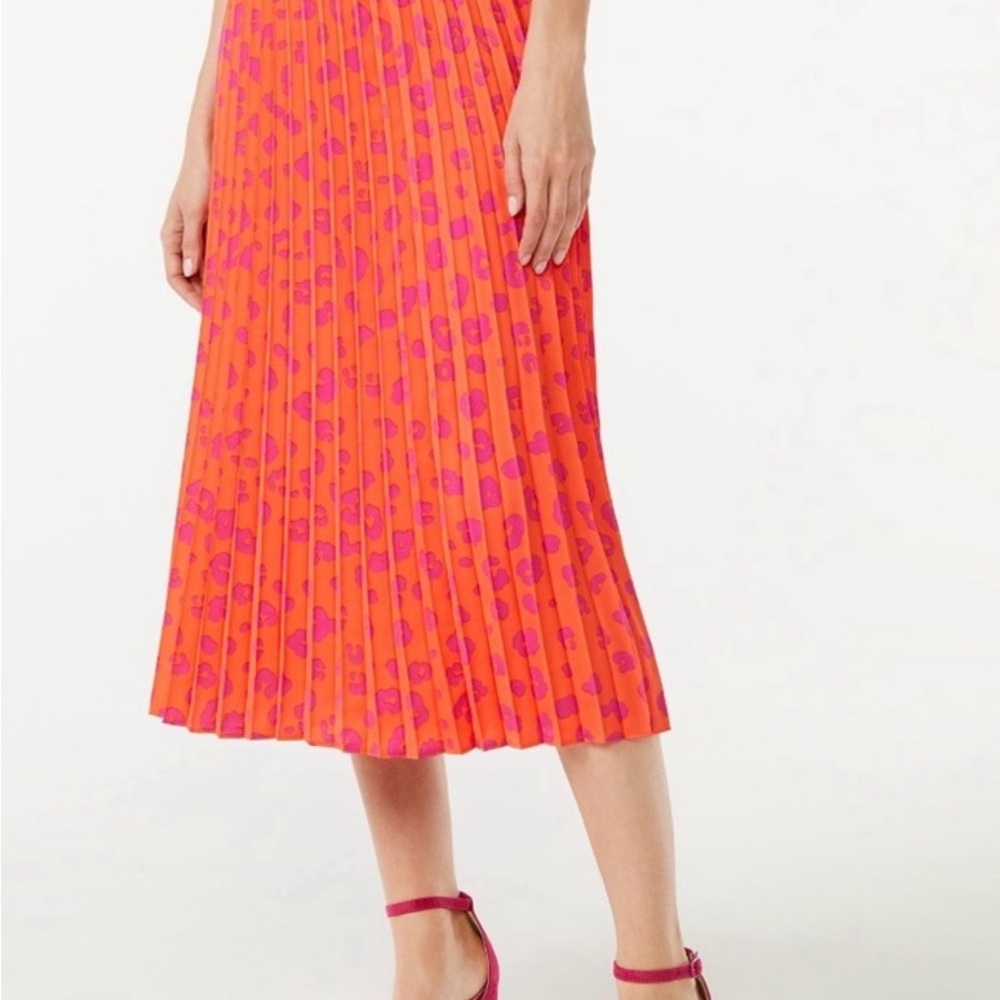 Pleated Orange and Pink Midi Skirt